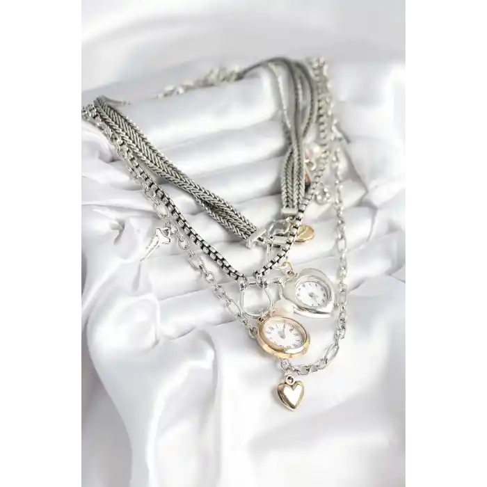 Otantik Gümüş Renk Kadın Kolye Kombini