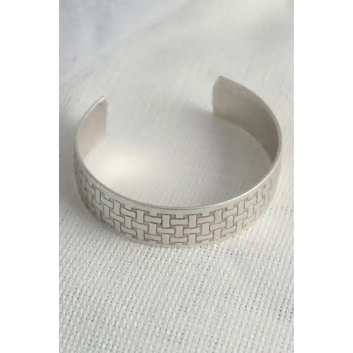 Otantik Gümüş Renk Motif İşleme Detay Plaka Erkek Bileklik