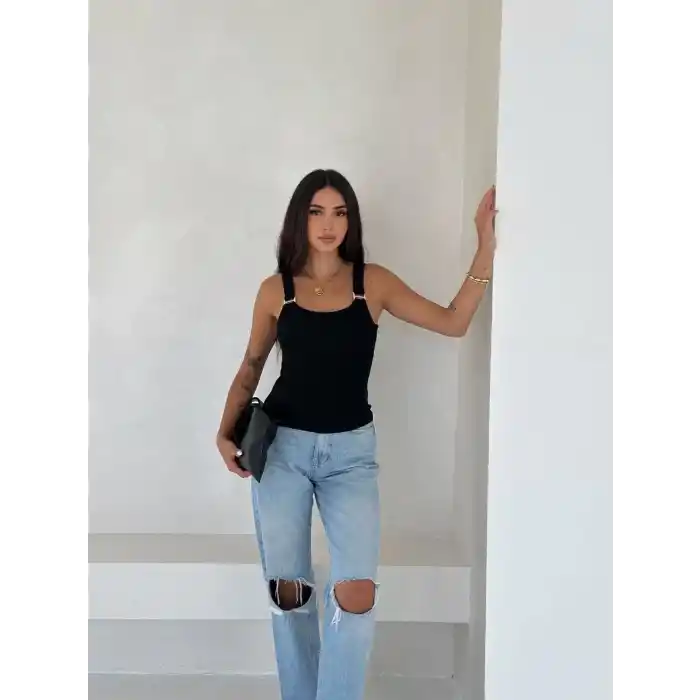 Ottoman toka askılı bluz siyah s4194