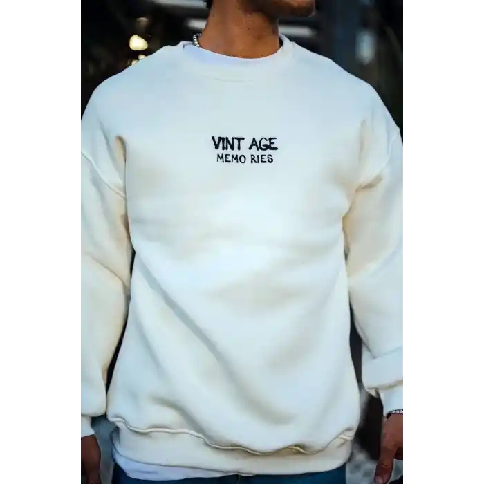 Oversize Bisiklet Yaka Üç İplik Baskılı SweatShirt - Beyaz