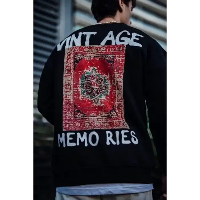 Oversize Bisiklet Yaka Üç İplik Baskılı SweatShirt - Siyah