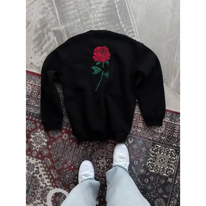 Oversize Üç İplik Bisiklet Yaka Baskılı SweatShirt - Siyah