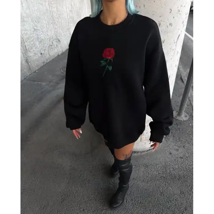 Oversize Üç İplik Bisiklet Yaka Baskılı SweatShirt - Siyah