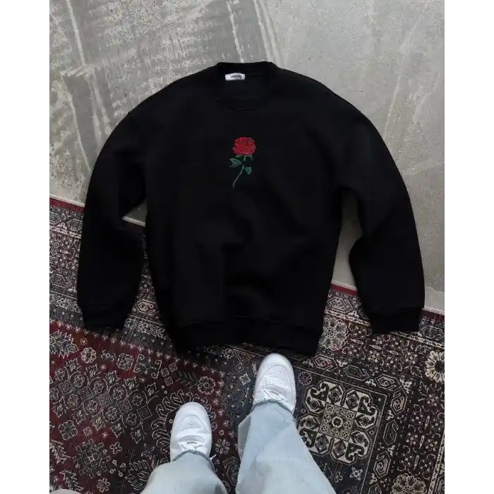 Oversize Üç İplik Bisiklet Yaka Baskılı SweatShirt - Siyah
