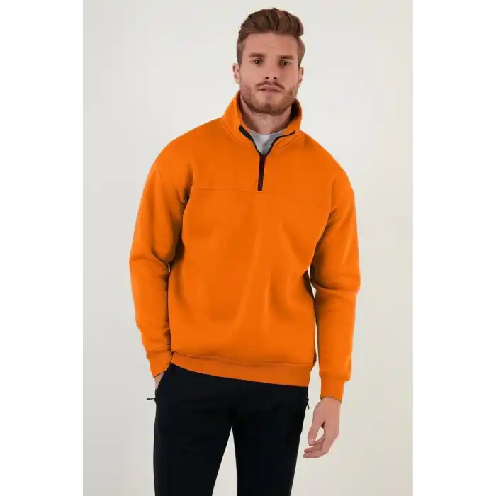 Oversize Yarım Farmuarlı Yakalı Basic SweatShirt - Turuncu