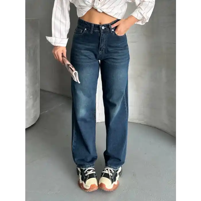 Palazzo bıyık enzim yıkama jeans pantolon koyu mavi d2008