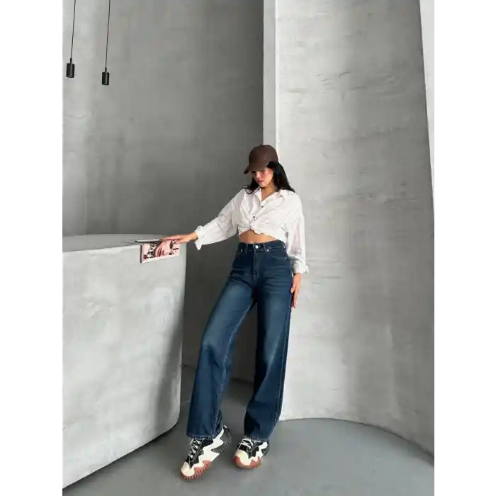 Palazzo bıyık enzim yıkama jeans pantolon koyu mavi d2008