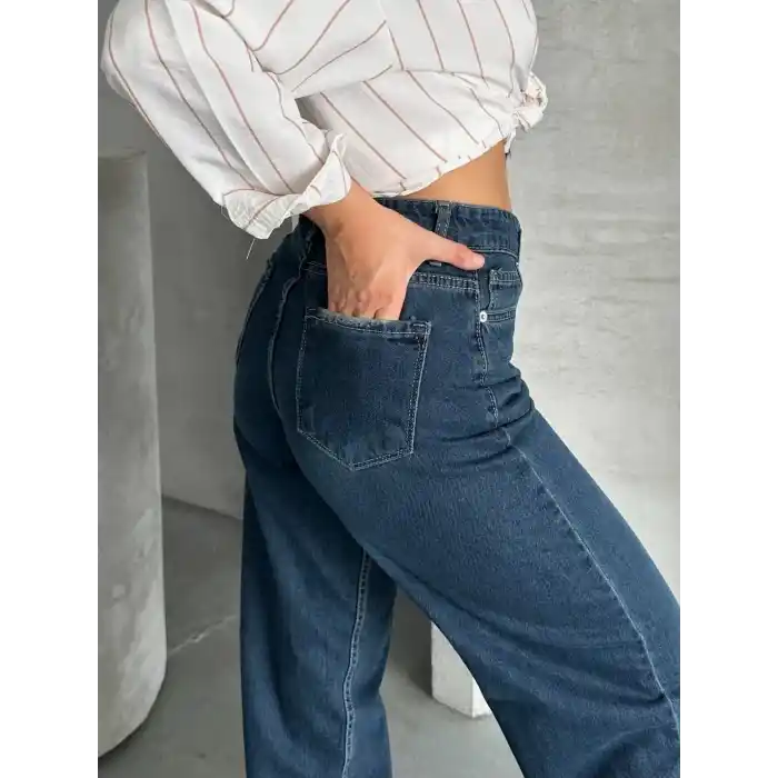 Palazzo bıyık enzim yıkama jeans pantolon koyu mavi d2008