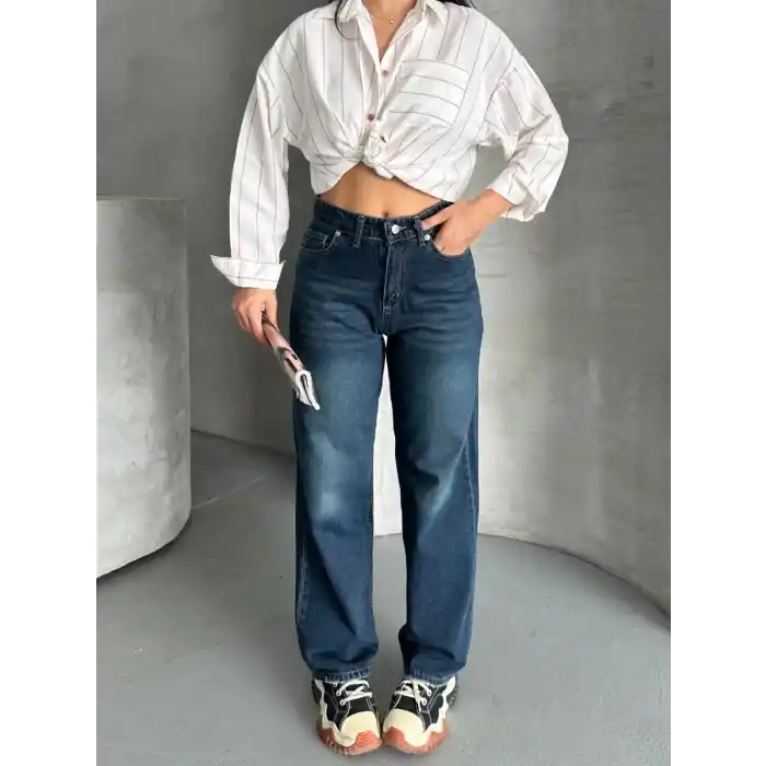 Palazzo bıyık enzim yıkama jeans pantolon koyu mavi d2008