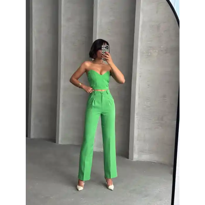 Palazzo pantolonlu alt üst takım yeşil