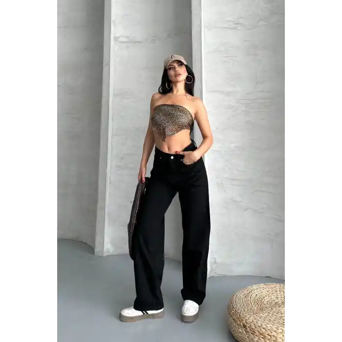 Palazzo straight enzim süper taş yıkama jeans pantolon siyah d2008