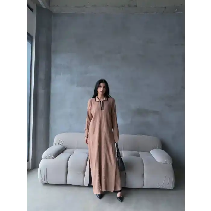 Pantolon yırtmaçlı elbise ikili triko takım vizon elf