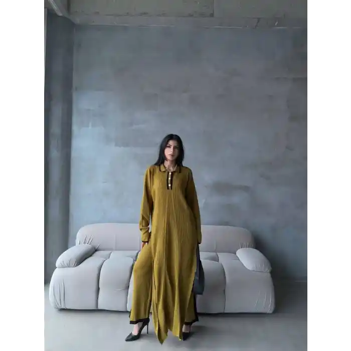 Pantolon yırtmaçlı elbise ikili triko takım yeşil elf