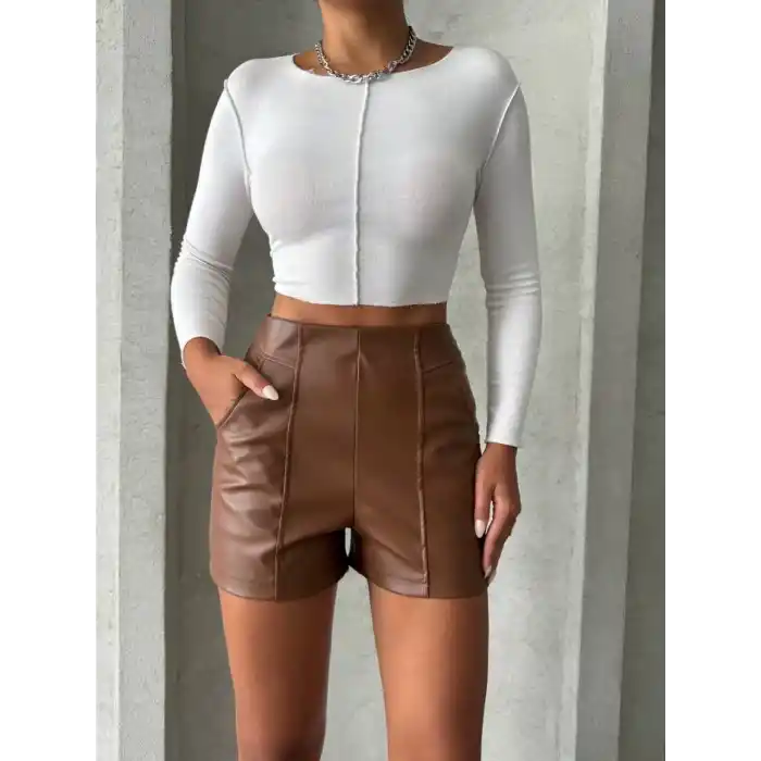 Parçalı cepli deri şort taba w26312