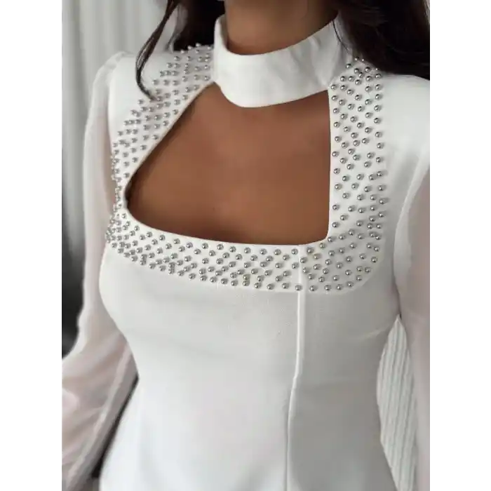 Penye Uzun Kollu Kadın Kolları Şifon Göğüste İnci Boncuk detaylı Bluz - Beyaz