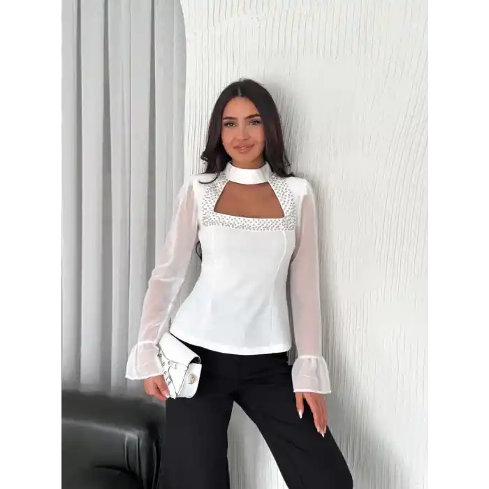 Penye Uzun Kollu Kadın Kolları Şifon Göğüste İnci Boncuk detaylı Bluz - Beyaz