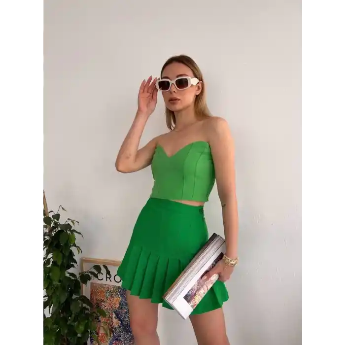 Pileli düğmeli etek açık yeşil s24811