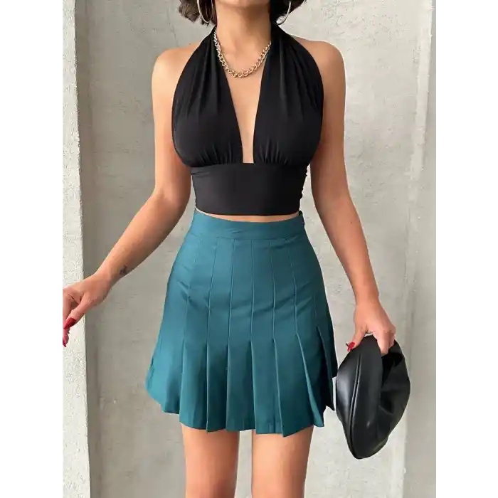 Pileli düğmeli etek yeşil s24811