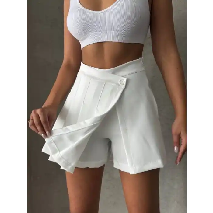 Piliseli düğmeli şort etek beyaz s25813