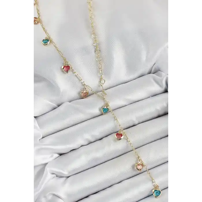 Pirinç Asorti Kalp Model Gold Renk Zirkon Taşlı Y Kolye