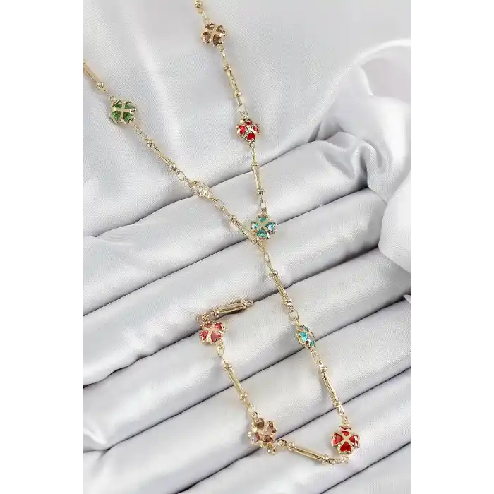 Pirinç Asorti Kalpli Yonca Model Gold Renk Zirkon Taşlı Y Kolye