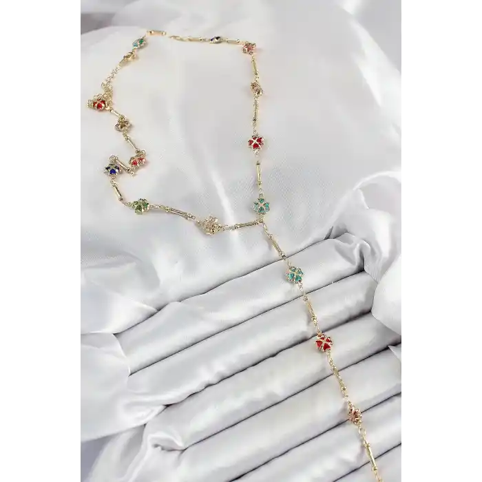 Pirinç Asorti Kalpli Yonca Model Gold Renk Zirkon Taşlı Y Kolye
