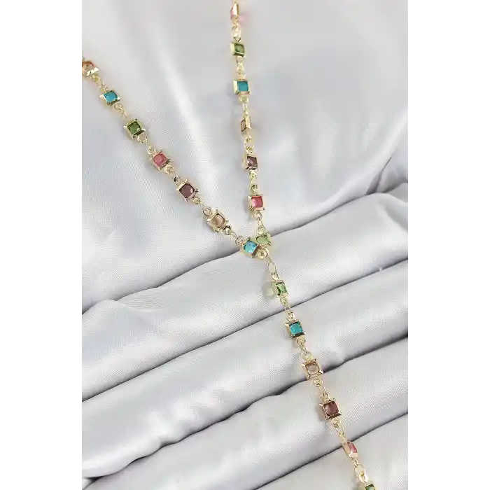 Pirinç Asorti Kare Model Gold Renk Zirkon Taşlı Y Kolye