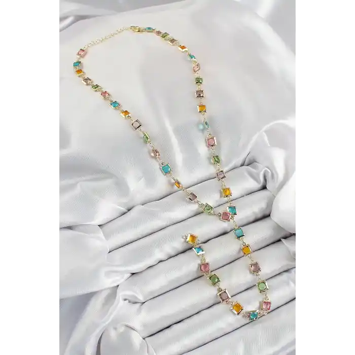 Pirinç Asorti Kare Model Gold Renk Zirkon Taşlı Y Kolye