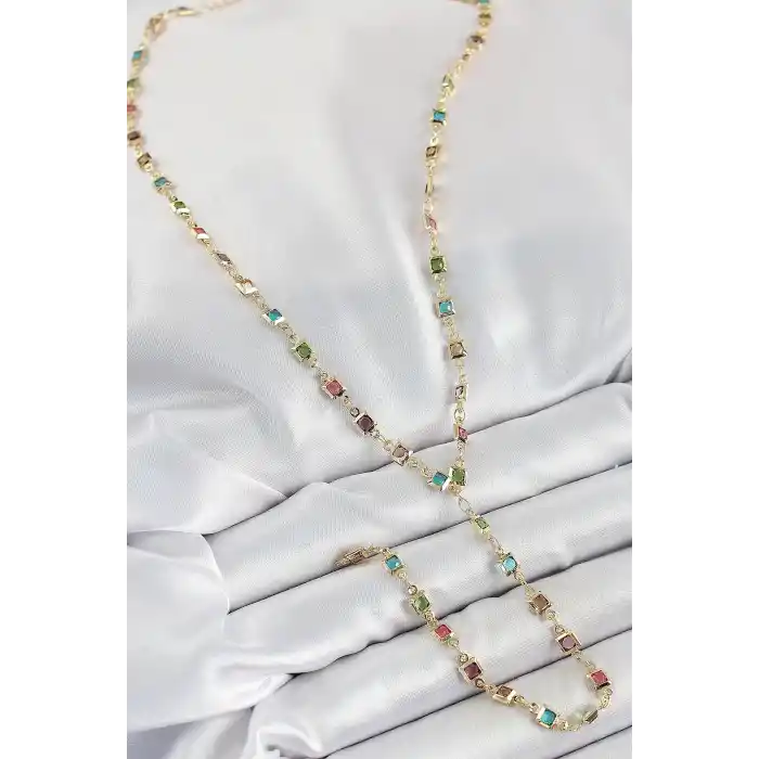 Pirinç Asorti Kare Model Gold Renk Zirkon Taşlı Y Kolye