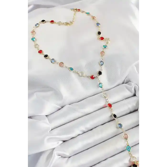 Pirinç Asorti Model Gold Renk Zirkon Taşlı Y Kolye