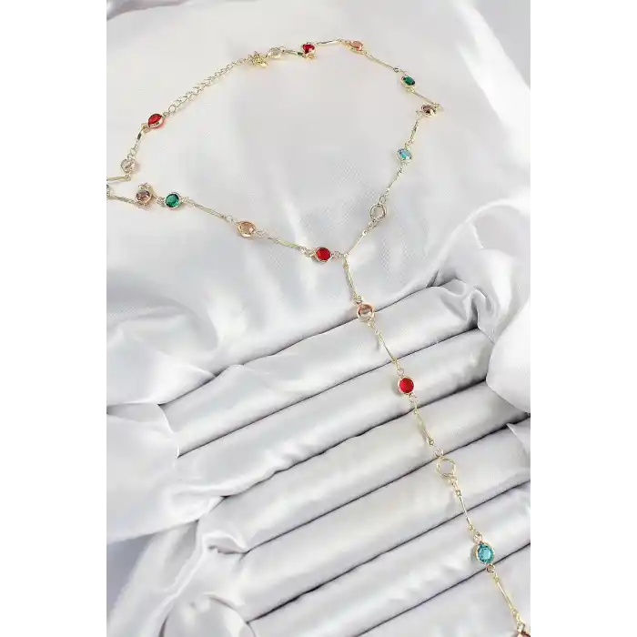 Pirinç Asorti Model Gold Renk Zirkon Taşlı Y Kolye