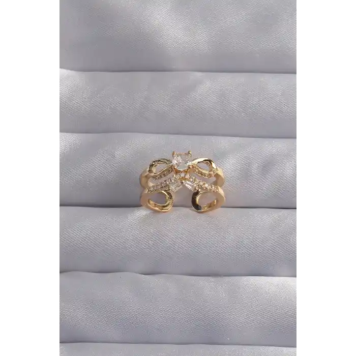 Pirinç Ayarlamalı Gold Renk Zirkon Taşlı 2li Görünüm Fiyonk Yüzük