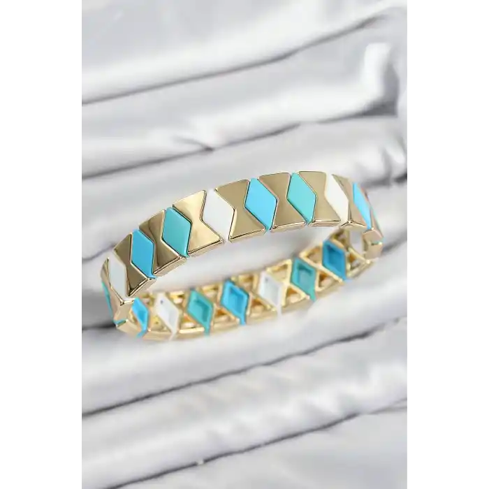 Pirinç Baklava Desenli Mavi Beyaz Gold Renk Lastikli Kadın Bileklik