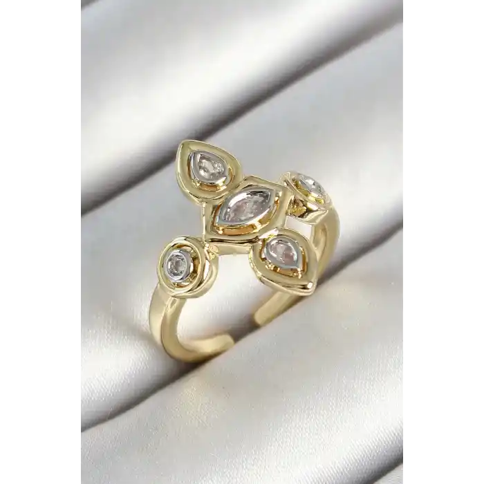 Pirinç Beş Taş Trend Figür Zirkon Taşlı Gold Renk Ayarlanabilir Kadın Yüzük