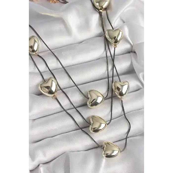 Pirinç Füme Renk Zincir 3D Gold Renk Kalp Model Kadın Kolye