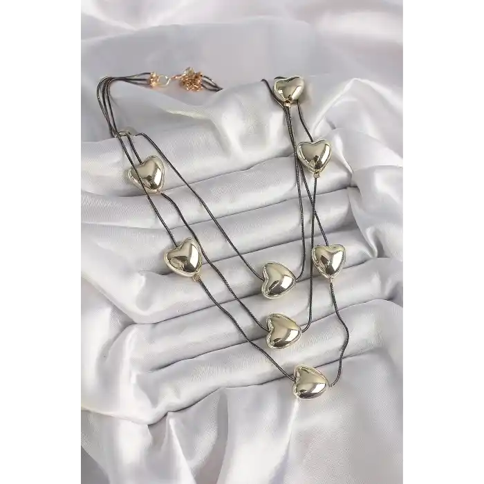 Pirinç Füme Renk Zincir 3D Gold Renk Kalp Model Kadın Kolye