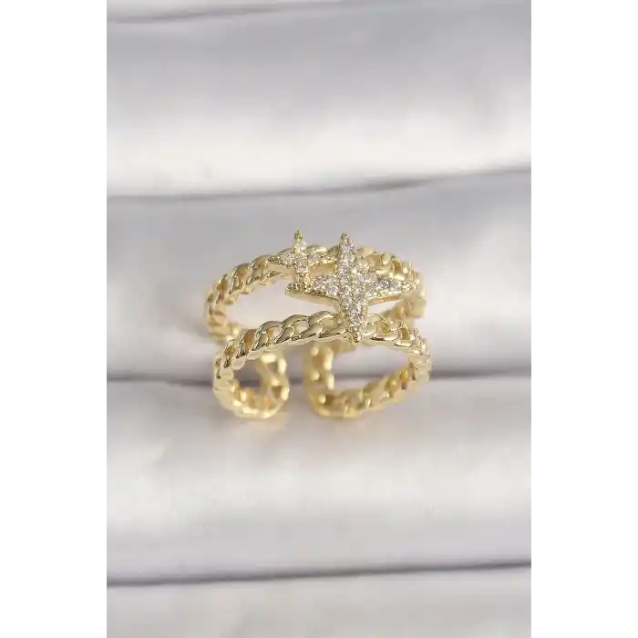 Pirinç Gold Renk 2Li Zincir Zirkon Taşlı Yıldız Figür Kadın Yüzük