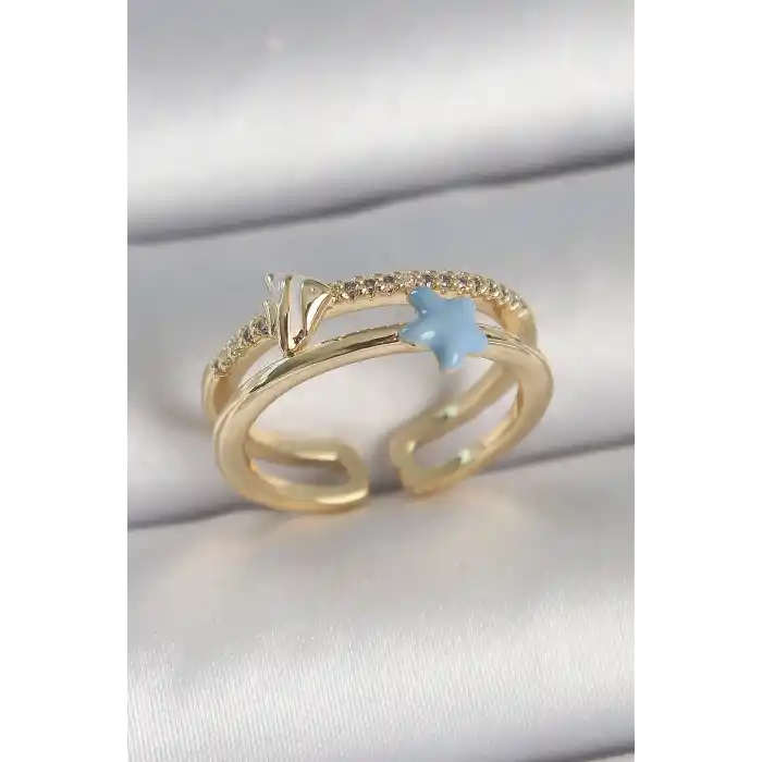 Pirinç Gold Renk 2Li Zirkon Taşlı Mavi Yıldız Figür Ayarlanabilir Kadın Yüzük