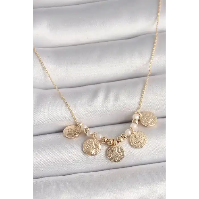 Pirinç Gold Renk 5Li Osmanlı Tuğra Figür İnci Detay Kadın Kolye