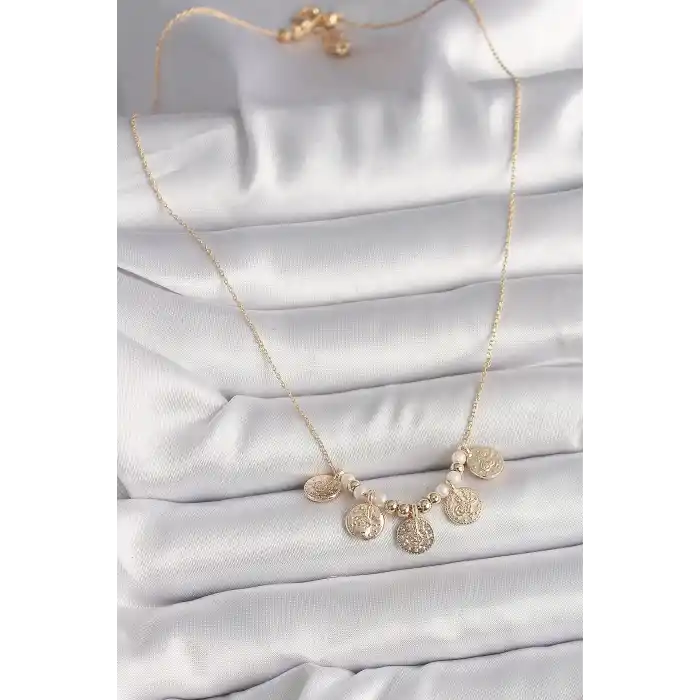 Pirinç Gold Renk 5Li Osmanlı Tuğra Figür İnci Detay Kadın Kolye