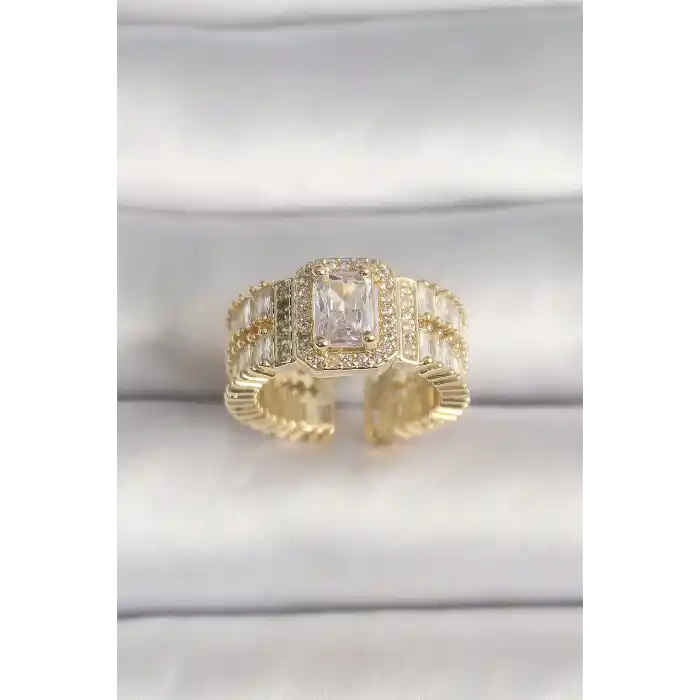 Pirinç Gold Renk Ayarlanabilir Baget Zirkon Taş Model Kadın Yüzük