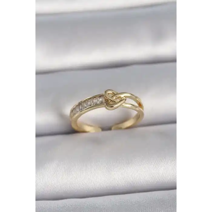 Pirinç Gold Renk Ayarlanabilir Zirkon Taşlı Düğüm Kalp Model Kadın Yüzük