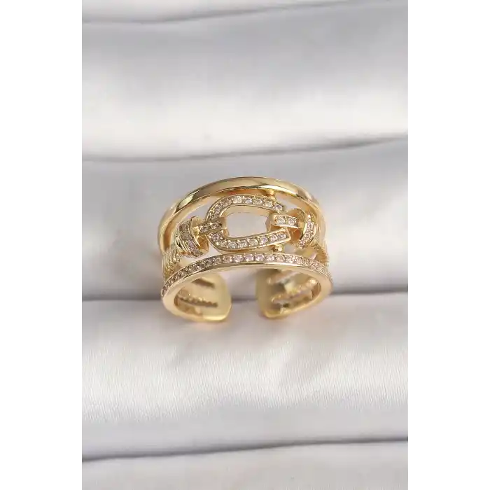 Pirinç Gold Renk Ayarlanabilir Zirkon Taşlı Gemici Düğümü Model Kadın Yüzük