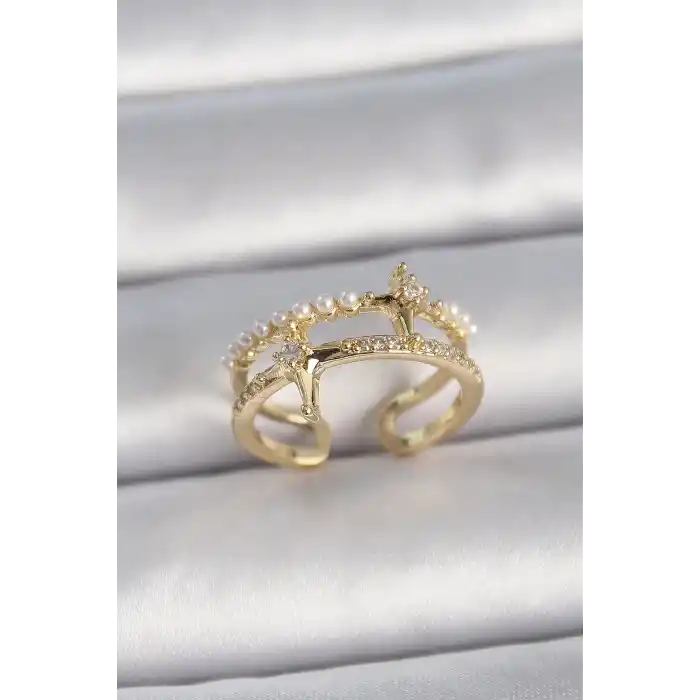 Pirinç Gold Renk Ayarlanabilir Zirkon Taşlı İncili Yıldız Model Kadın Yüzük