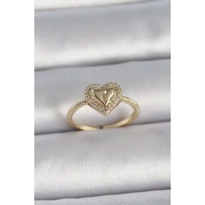 Pirinç Gold Renk Ayarlanabilir Zirkon Taşlı Kalp Model Kadın Yüzük