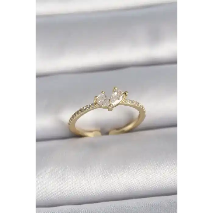 Pirinç Gold Renk Ayarlanabilir Zirkon Taşlı Kalp Model Kadın Yüzük
