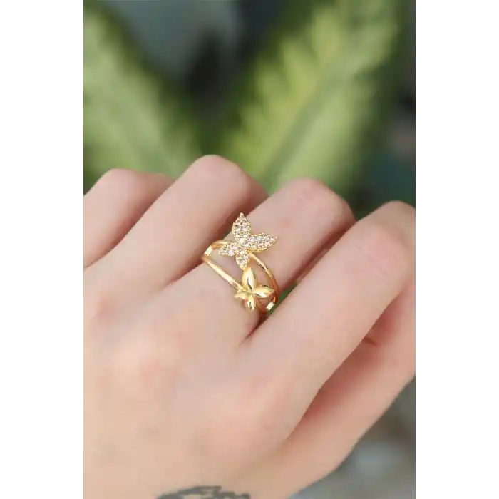 Pirinç Gold Renk Ayarlanabilir Zirkon Taşlı Kelebek Yüzük