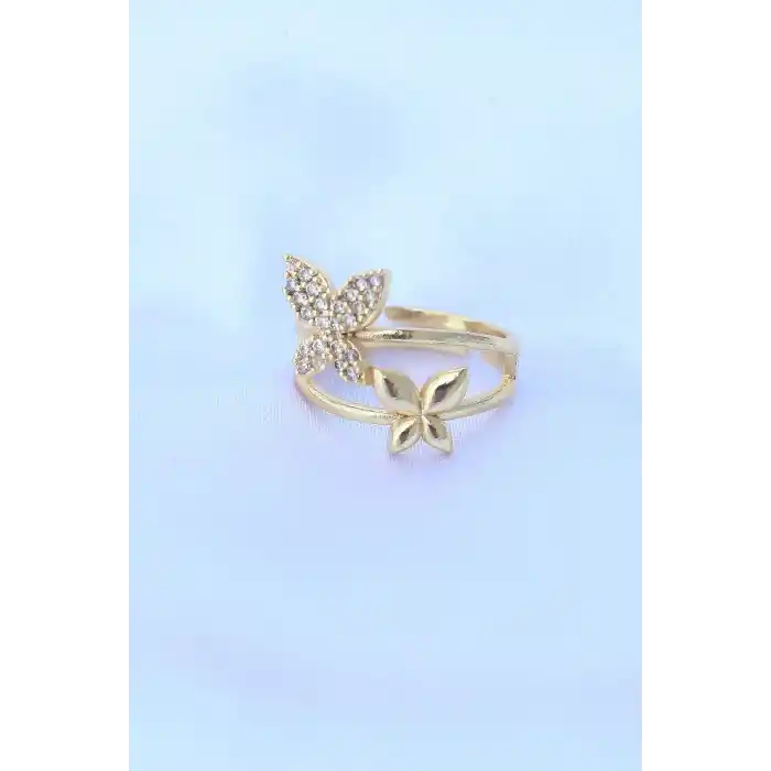 Pirinç Gold Renk Ayarlanabilir Zirkon Taşlı Kelebek Yüzük