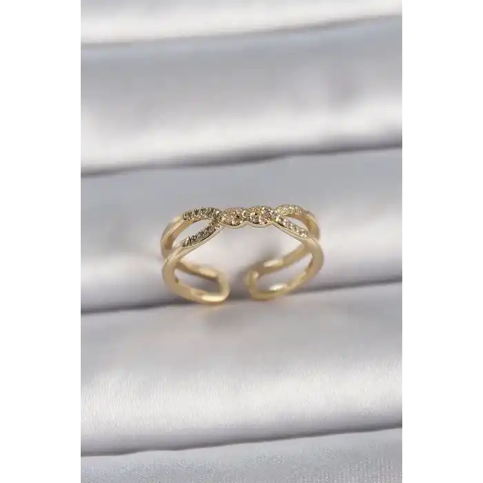 Pirinç Gold Renk Ayarlanabilir Zirkon Taşlı Sarmal Model Kadın Yüzük