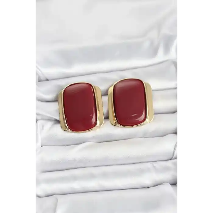 Pirinç Gold Renk Bordo Plaka Vintage Kadın Küpe